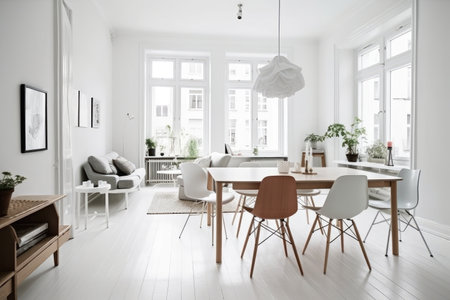 scandinavian home, with minimalist furniture and pops of color, created with generative aiの素材