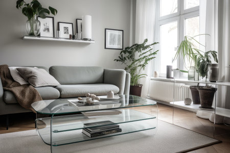 scandinavian sofa in minimalist living room with glass coffee table and floating shelves, created with generative aiの素材