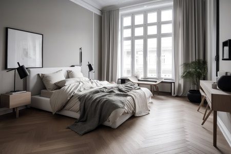 scandinavian bedroom, with minimalist design and sleek contemporary furniture, created with generative aiの素材