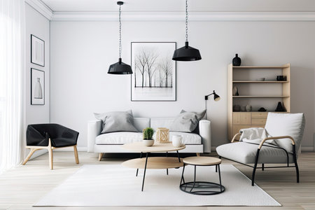 modern scandinavian living room with minimalist furniture and clean lines, created with generative aiの素材