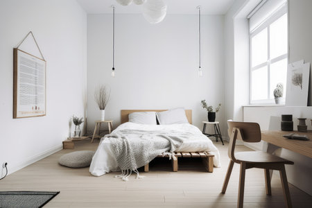 scandinavian bedroom, with minimalist furniture and natural wood accents, created with generative aiの素材