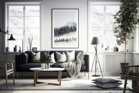 scandinavian living room, with minimalist decor and sleek furnishings, created with generative aiの素材