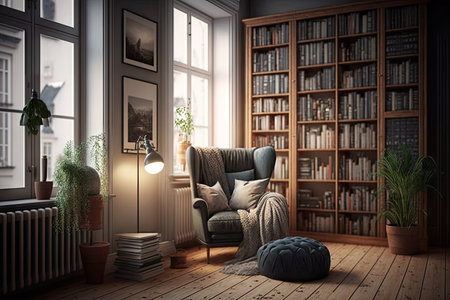 scandinavian home library with floor-to-ceiling bookshelves, natural light, and cozy armchair, created with generative aiの素材