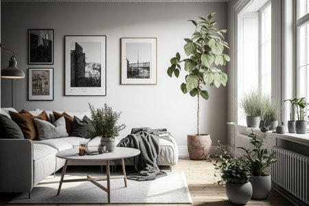 scandinavian home, with modern and minimalistic decor, featuring sleek lines and neutral colors, created with generative aiの素材