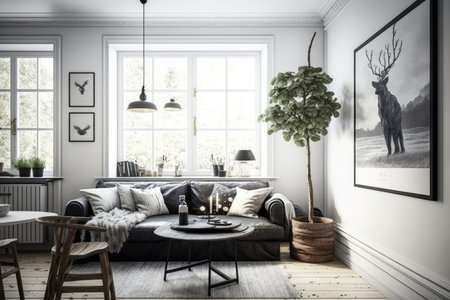 cozy living room, with plush sofa and coffee table, overlooking the rest of the scandinavian home, created with generative aiの素材