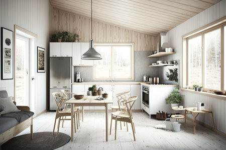 scandinavian kitchen with sleek design, natural materials, and an abundance of light, created with generative aiの素材