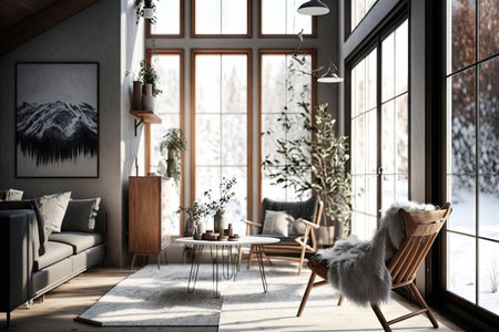 scandinavian home with warm and modern interior, featuring cozy armchairs and natural light, created with generative aiの素材