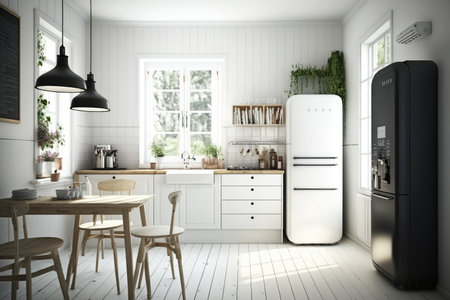 scandinavian kitchen, with sleek designer appliances and minimalist decor, created with generative aiの素材