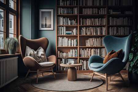 scandinatian home library with cozy armchairs and bookshelves, created with generative aiの素材