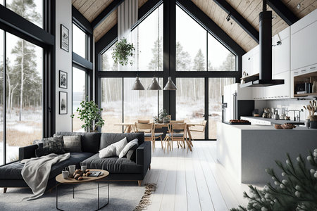 scandinavian home with minimalist design and clean lines, created with generative aiの素材