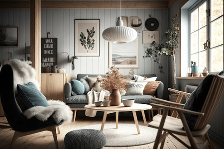 cozy living room with scandinavian interior designer furniture and unique decor, created with generative aiの素材
