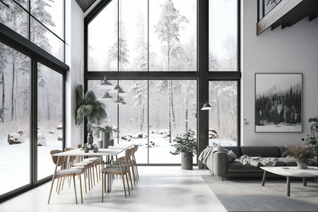 scandinavian home with minimalist and functional design, taking advantage of natural light and views, created with generative aiの素材