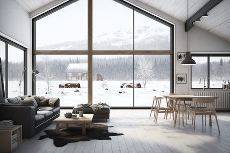 scandinavian home with minimalist and functional design, taking advantage of natural light and views, created with generative aiの素材
