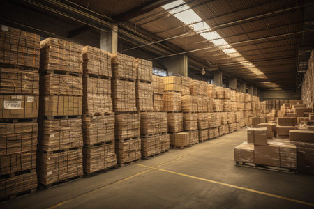 warehouse with huge pile of boxes, ready to be shipped out, created with generative aiの素材