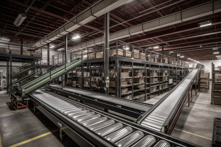 warehouse with conveyor belts and automated systems for shipping and receiving, created with generative aiの素材