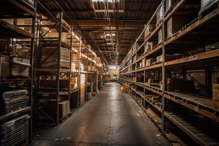 warehouse, with clear view of the stock and inventory from floor to ceiling, created with generative aiの素材
