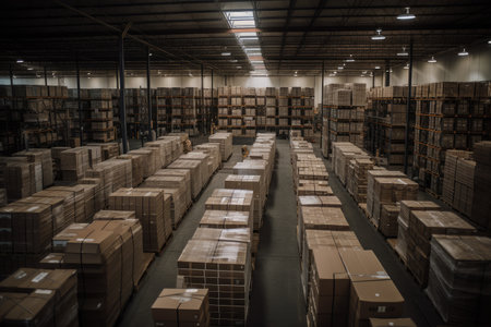 warehouse, filled with rows of boxes, each labeled and ready for shipment, created with generative aiの素材