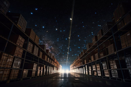 warehouse, with view of the night sky, and bright stars shining in the darkness, created with generative aiの素材