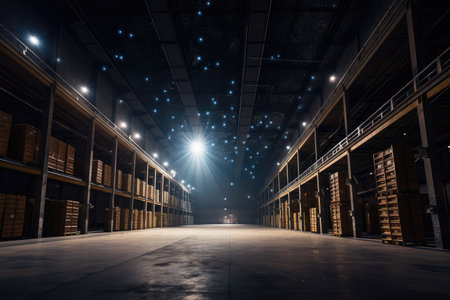 warehouse, with view of the night sky, and bright stars shining in the darkness, created with generative aiの素材