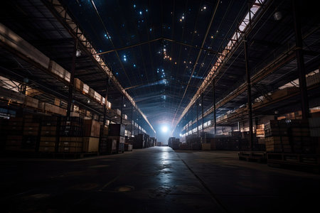 warehouse, with view of the night sky, and bright stars shining in the darkness, created with generative aiの素材