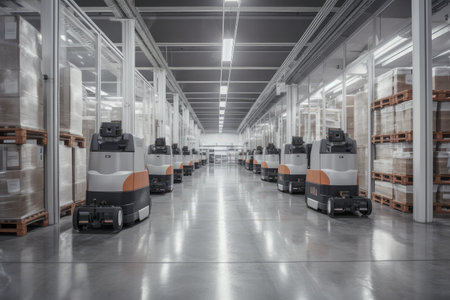 modern and high-tech warehouse, with advanced inventory tracking system and sophisticated robots, created with generative aiの素材