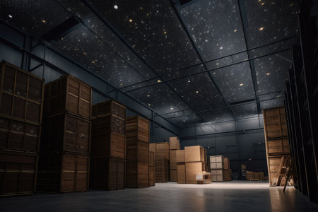 warehouse, with view of the night sky and stars visible through the ceiling skylights, created with generative aiの素材