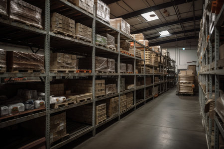 warehouse, with rows of products and crates on metal shelves, created with generative aiの素材
