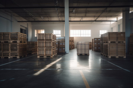 warehouse with crates and boxes, ready for shipment, created with generative aiの素材