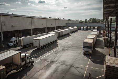 warehouse, with view of shipping and delivery trucks coming and going, created with generative aiの素材
