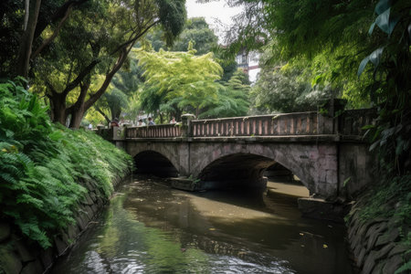water channel with bridge surrounded by lush greenery, perfect for a stroll, created with generative aiの素材