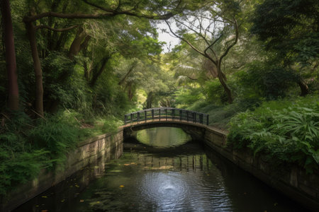 water channel with bridge surrounded by lush greenery, perfect for a stroll, created with generative aiの素材