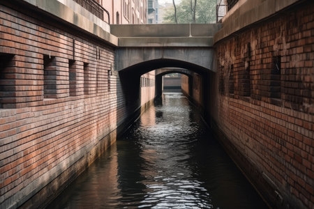 water channel with bridge and brick walls in industrial style, created with generative aiの素材