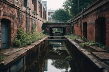 water channel with bridge and brick walls in industrial style, created with generative aiの素材