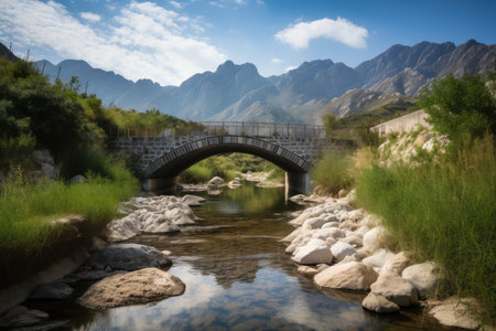 water channel with bridge and scenery of mountains in the background, created with generative aiの素材