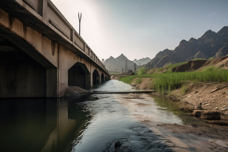 water channel with bridge and scenery of mountains in the background, created with generative aiの素材