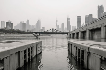 water channel with bridge and view of busy city skyline in the background, created with generative aiの素材