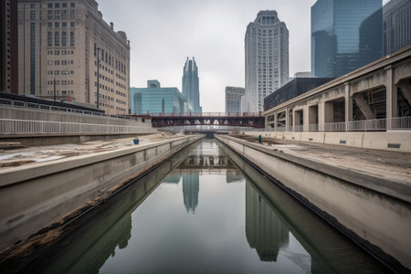 water channel with bridge and view of busy city skyline in the background, created with generative aiの素材