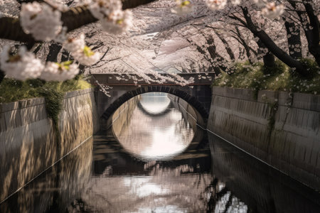 water channel with bridge and blooming cherry trees in full bloom, created with generative aiの素材