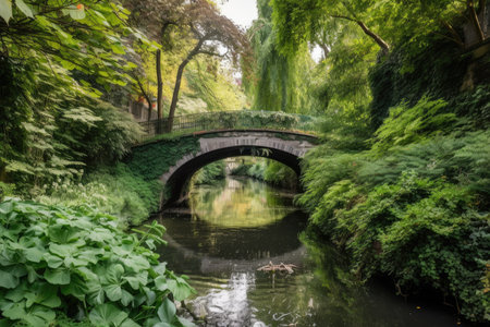 lush green foliage on either side of channel, with bridge offering a picturesque view, created with generative aiの素材