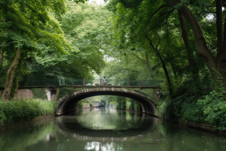 lush green foliage on either side of channel, with bridge offering a picturesque view, created with generative aiの素材