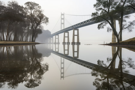reflection of water channel and bridge in still, calm waters, created with generative aiの素材