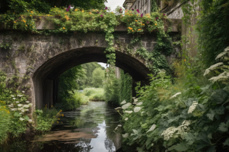 water channel with bridge, covered in greenery and flowers, created with generative aiの素材