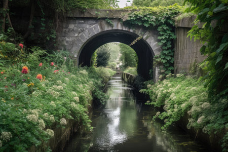 water channel with bridge, covered in greenery and flowers, created with generative aiの素材