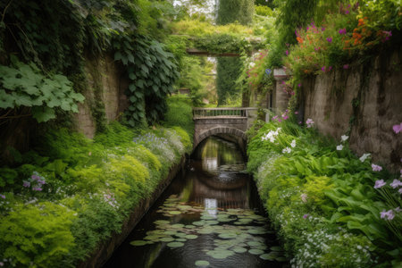 water channel with bridge, surrounded by lush greenery and flowers, created with generative aiの素材