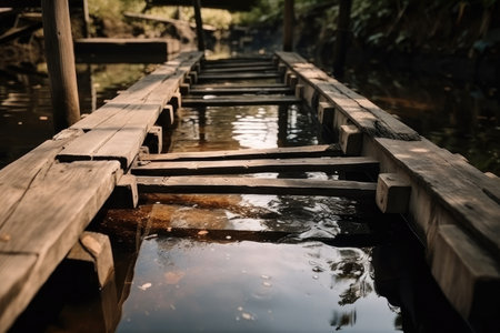 close-up shot of water channel with clear and crisp water, and bridge with wooden planks in the background, created with generative aiの素材