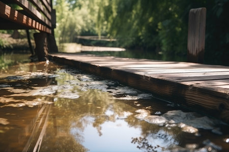close-up shot of water channel with clear and crisp water, and bridge with wooden planks in the background, created with generative aiの素材
