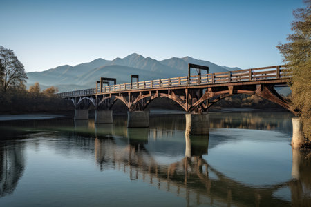 majestic bridge crossing tranquil waterway, with mountains in the background, created with generative aiの素材