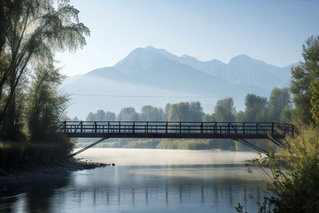 majestic bridge crossing tranquil waterway, with mountains in the background, created with generative aiの素材