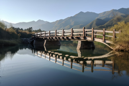 majestic bridge crossing tranquil waterway, with mountains in the background, created with generative aiの素材