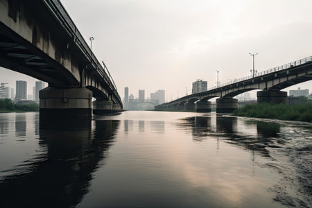 water channel with bridge and distant city skyline in the background, created with generative aiの素材